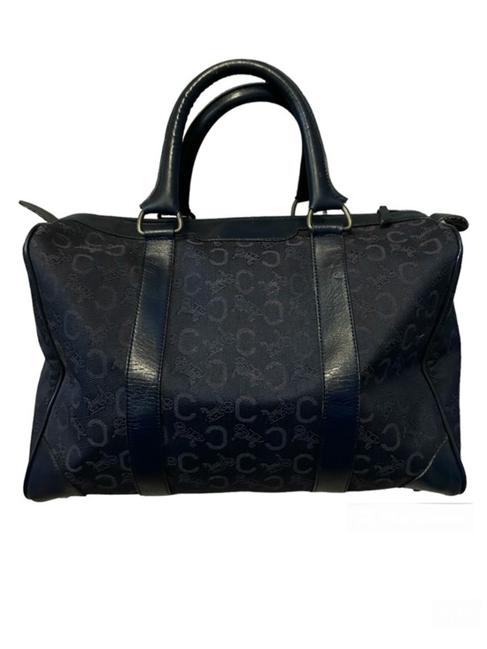 Celine Handbags - CELINE Authentic Vintage C Macadam Navy Blue Canvas Leather Trim Boston Bag Tote